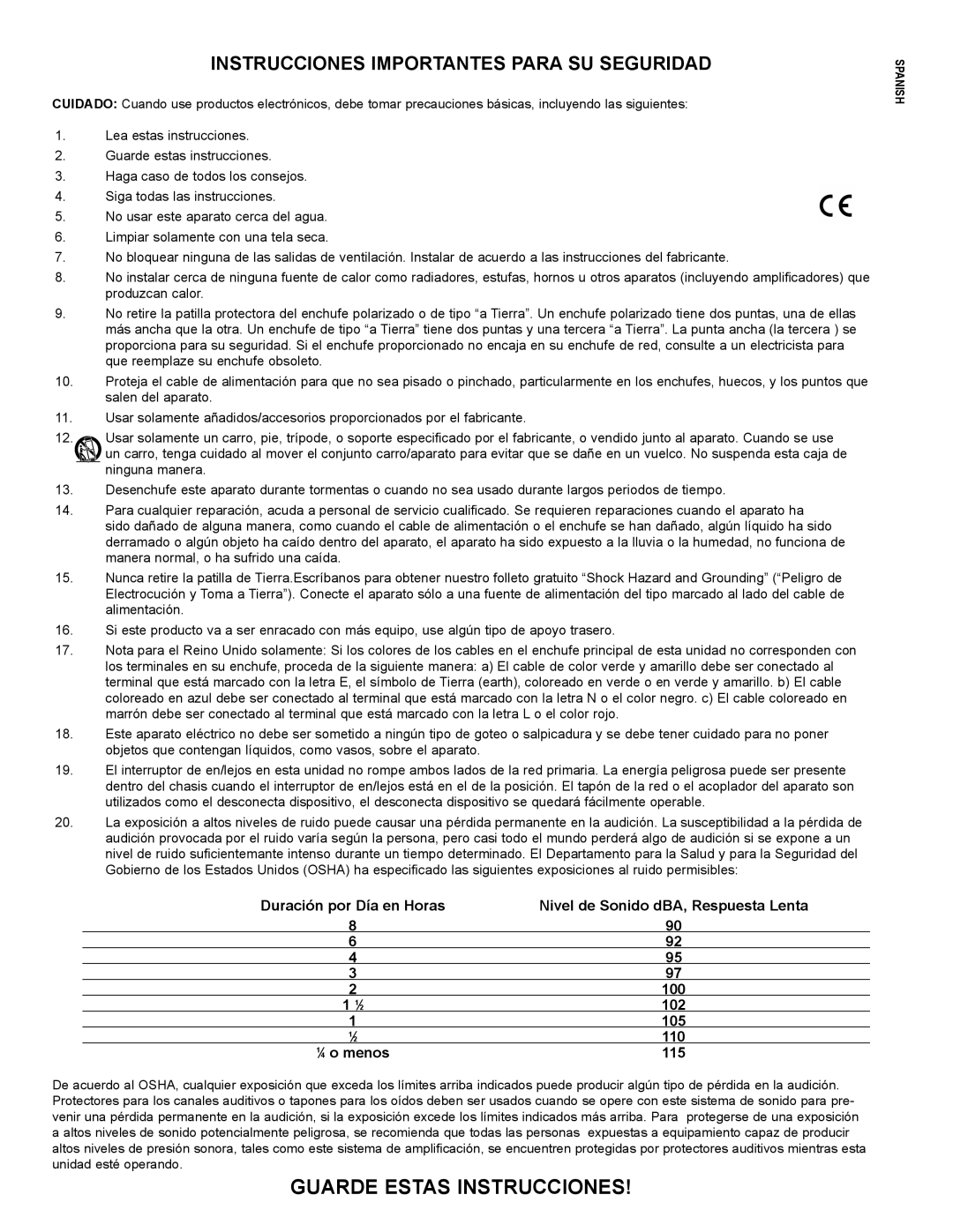 Peavey PV215D manual Guarde Estas Instrucciones, Instrucciones Importantes Para SU Seguridad, ⁄ 4 o menos 