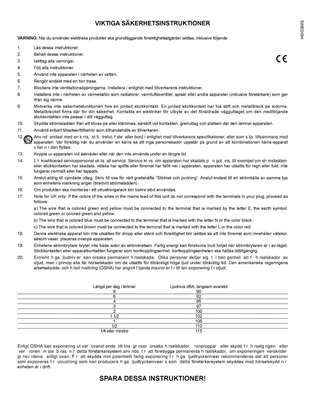 Peavey PV215D manual Spara Dessa Instruktioner, Viktiga Säkerhetsinstruktioner 