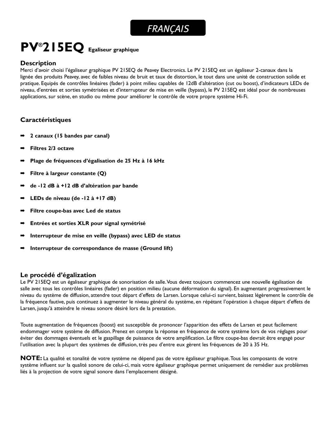 Peavey PV215EQ manual Français, Caractéristiques, Le procédé d’égalization, Description 