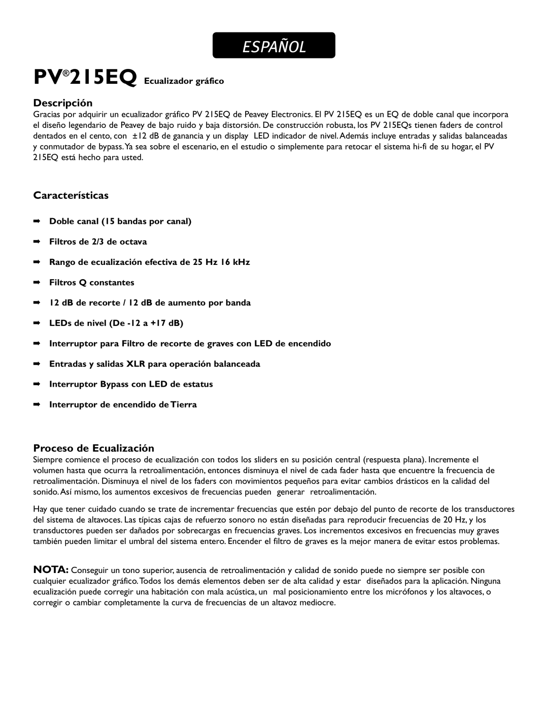 Peavey PV215EQ manual Español, Descripción, Características, Proceso de Ecualización 