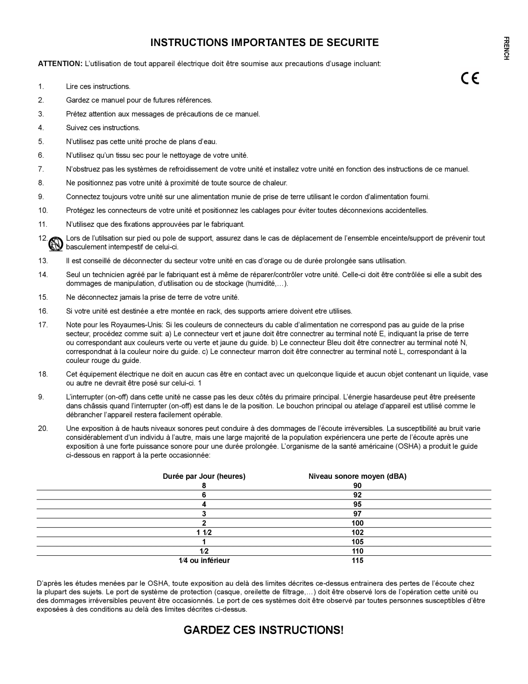Peavey PV215EQ manual Gardez Ces Instructions, Instructions Importantes De Securite, Niveau sonore moyen dBA, 1 1⁄2, French 