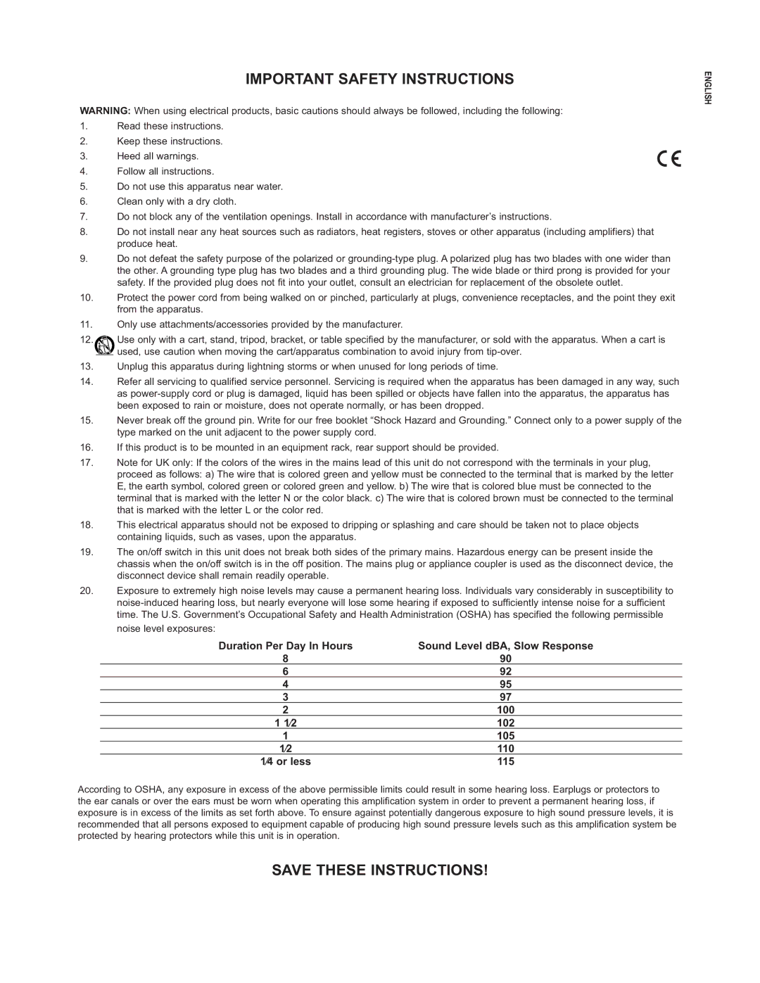 Peavey PV6 AND PV6 USB manual Important Safety Instructions, Duration Per Day In Hours Sound Level dBA, Slow Response 