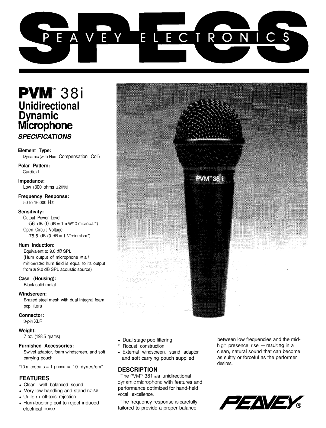 Peavey PVM 38i specifications Features, Description 