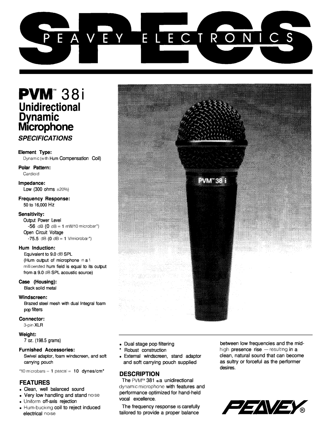 Peavey PVM 38i specifications Features, Description, Pvm’”, Unidirectional Dynamic MIcrophone, Specifications 