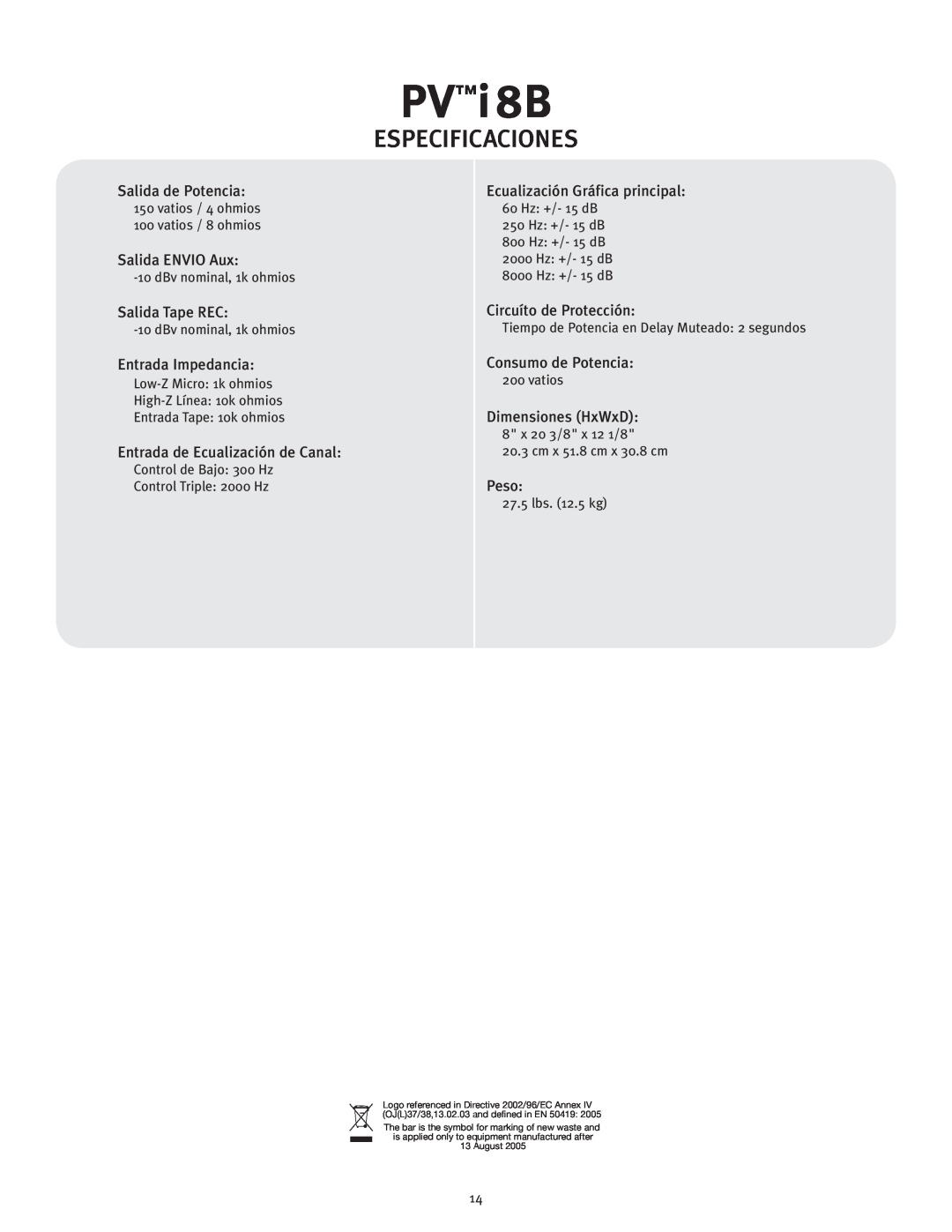 Peavey PVTMi 8B manual Especificaciones, PVi 8B 