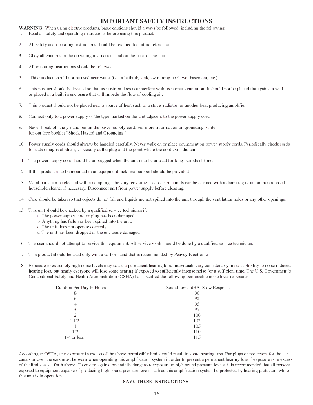 Peavey PZS 140 owner manual Important Safety Instructions 