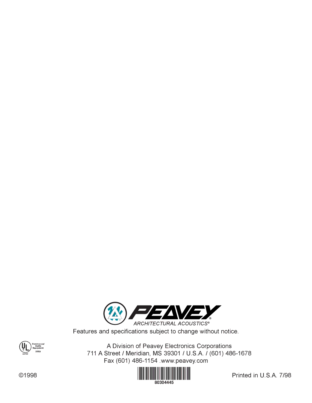 Peavey PZS 140 owner manual Architectural ACOUSTICS¨ 