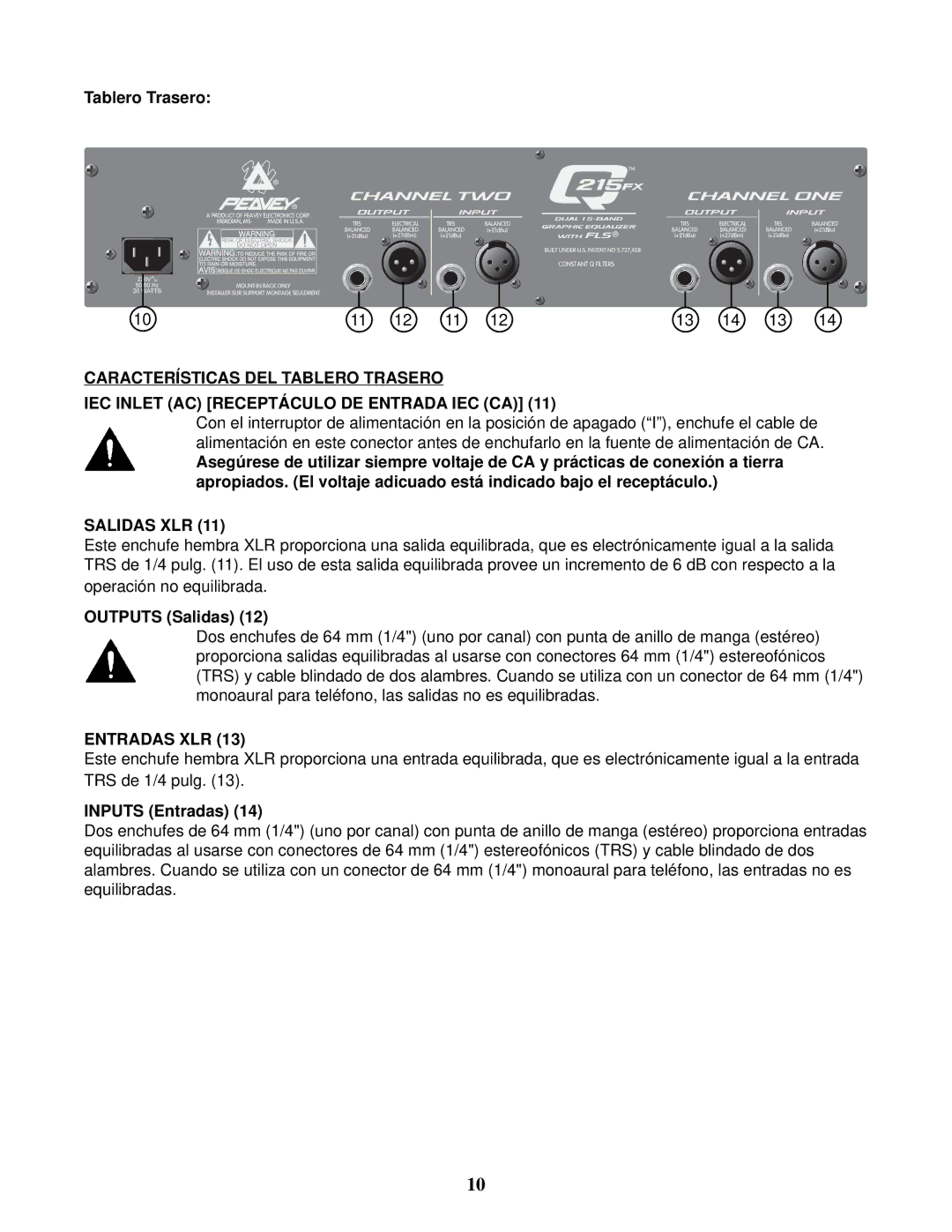 Peavey Q 215FX owner manual Tablero Trasero, Salidas XLR, Outputs Salidas, Entradas XLR, Inputs Entradas 