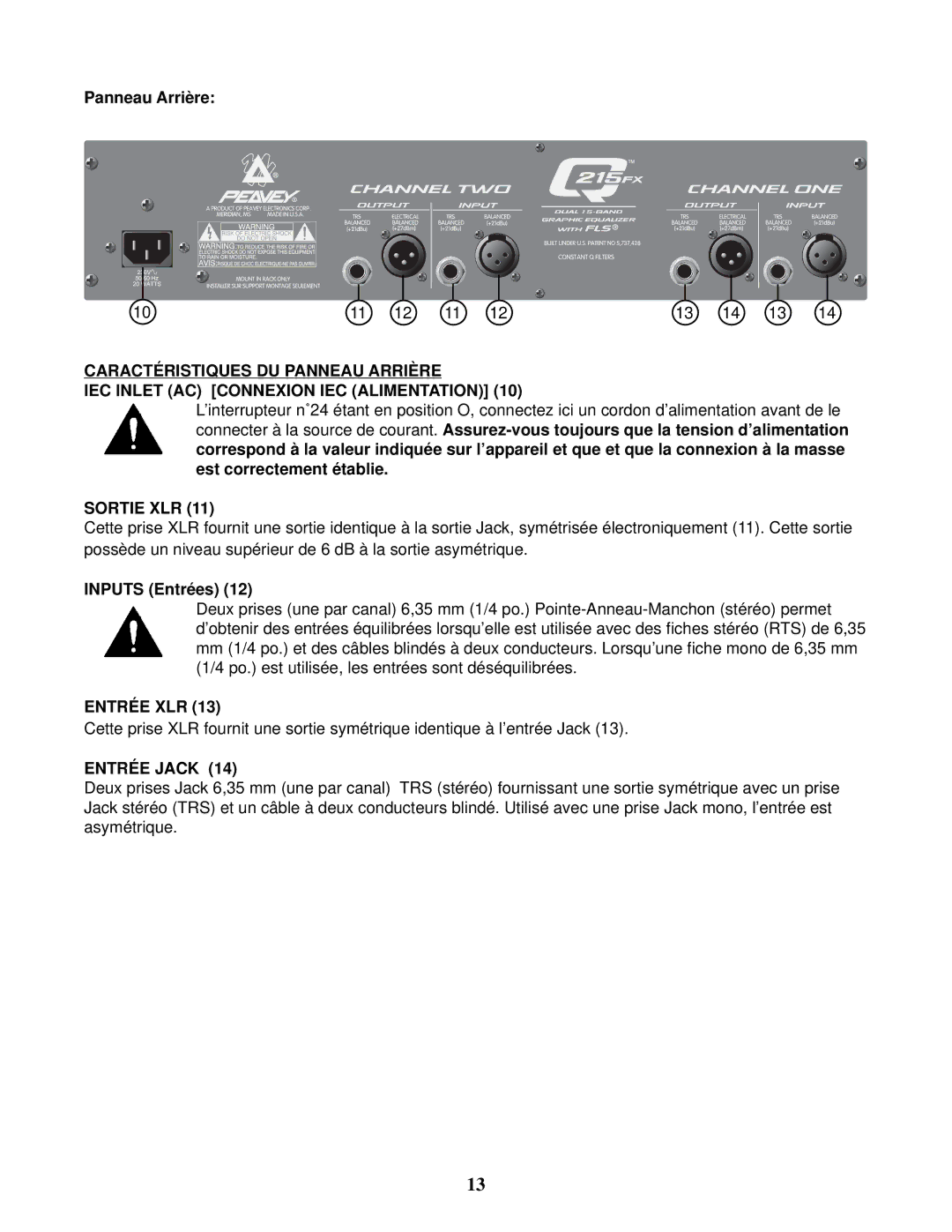 Peavey Q 215FX owner manual Panneau Arrière, Sortie XLR, Inputs Entrées, Entrée XLR, Entrée Jack 