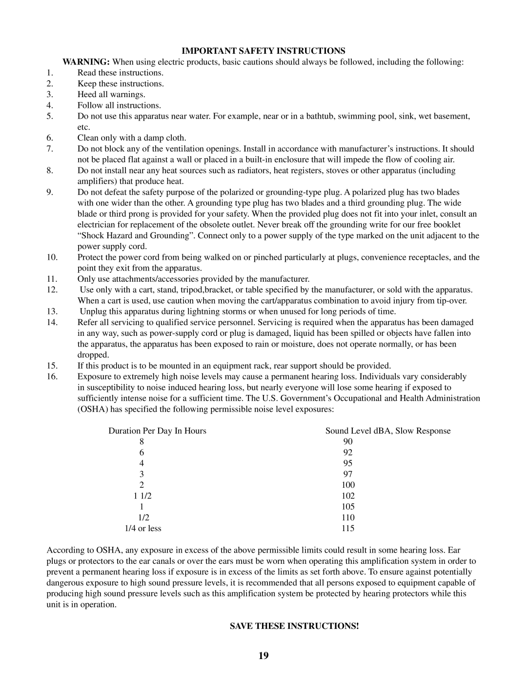 Peavey Q 215FX owner manual Important Safety Instructions 