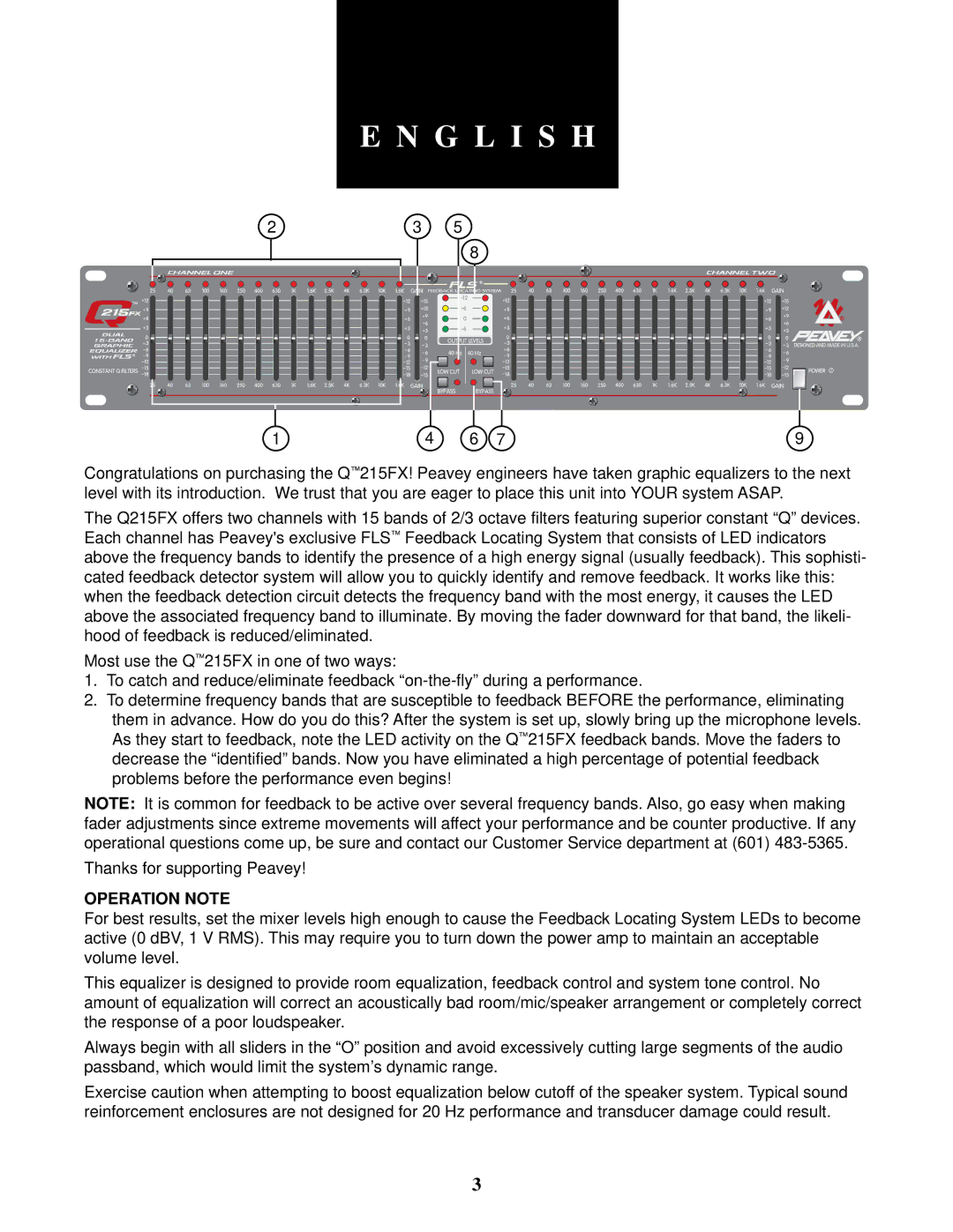 Peavey Q 215FX owner manual G L I S H, Operation Note 