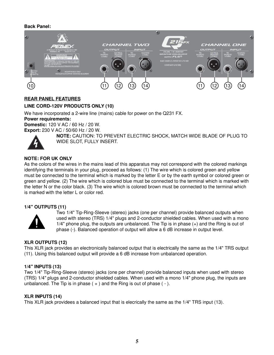 Peavey Q 215FX owner manual Rear Panel Features Line CORD-120V Products only, XLR Outputs, XLR Inputs 