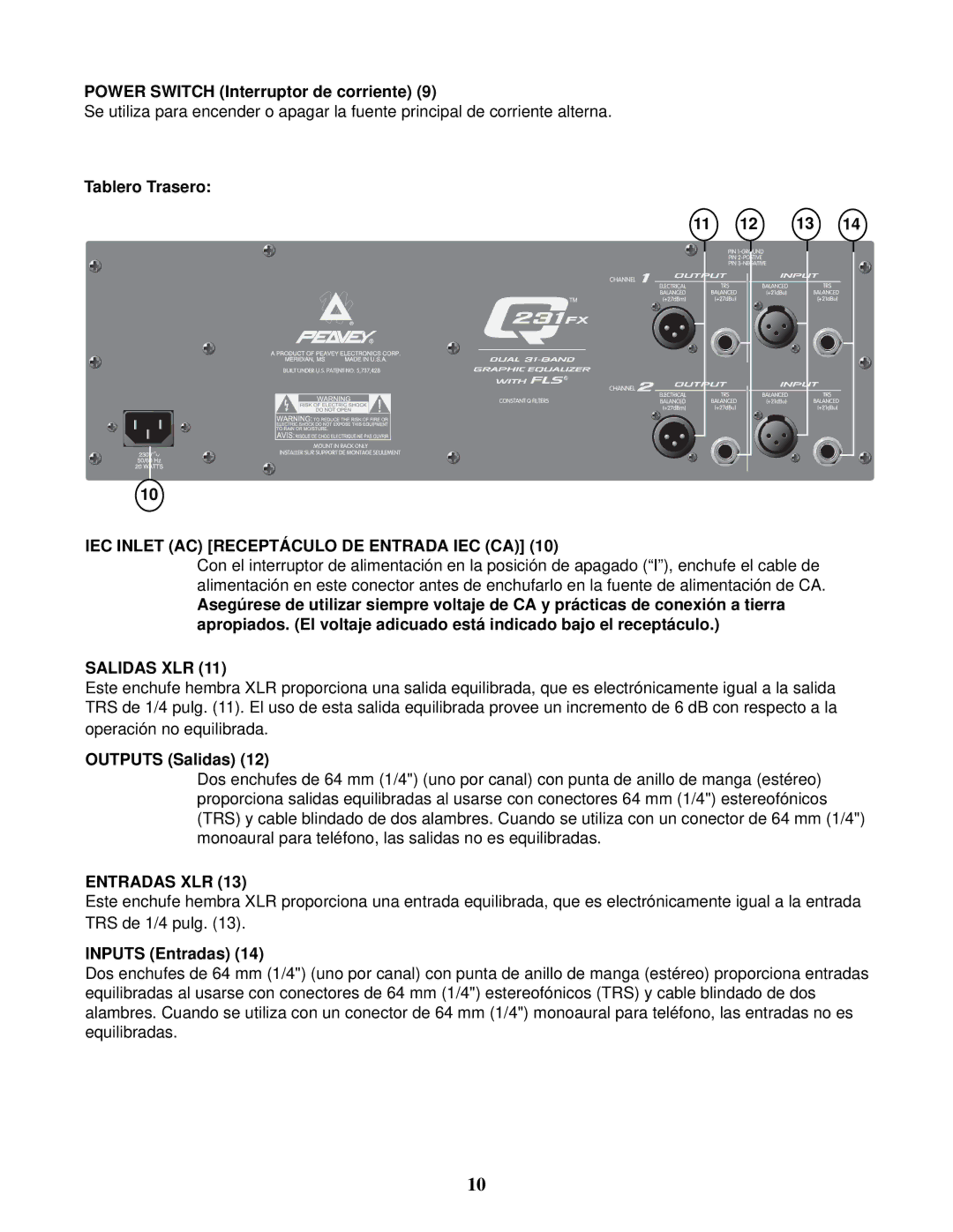 Peavey Q 231F Dual owner manual IEC Inlet AC Receptáculo DE Entrada IEC CA, Salidas XLR, Entradas XLR 