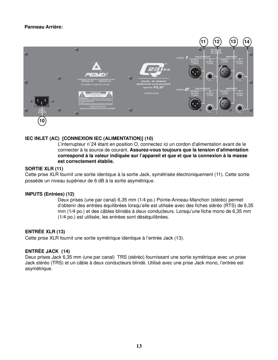 Peavey Q 231F Dual owner manual IEC Inlet AC Connexion IEC Alimentation, Sortie XLR, Entrée XLR, Entrée Jack 