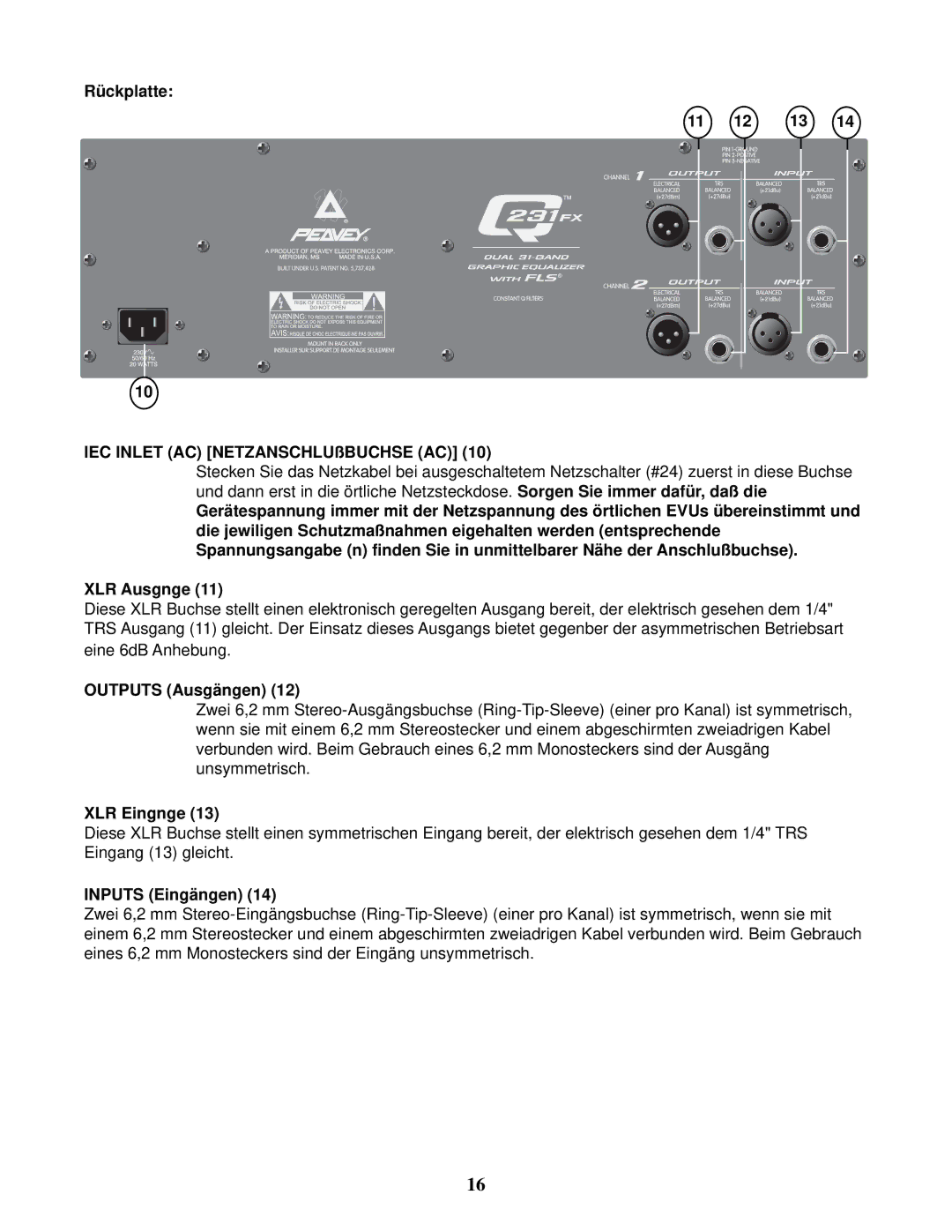 Peavey Q 231F Dual Rückplatte IEC Inlet AC NETZANSCHLUßBUCHSE AC, Outputs Ausgängen, XLR Eingnge, Inputs Eingängen 