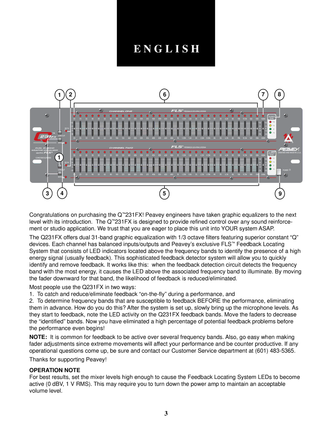 Peavey Q 231F Dual owner manual G L I S H, Operation Note 