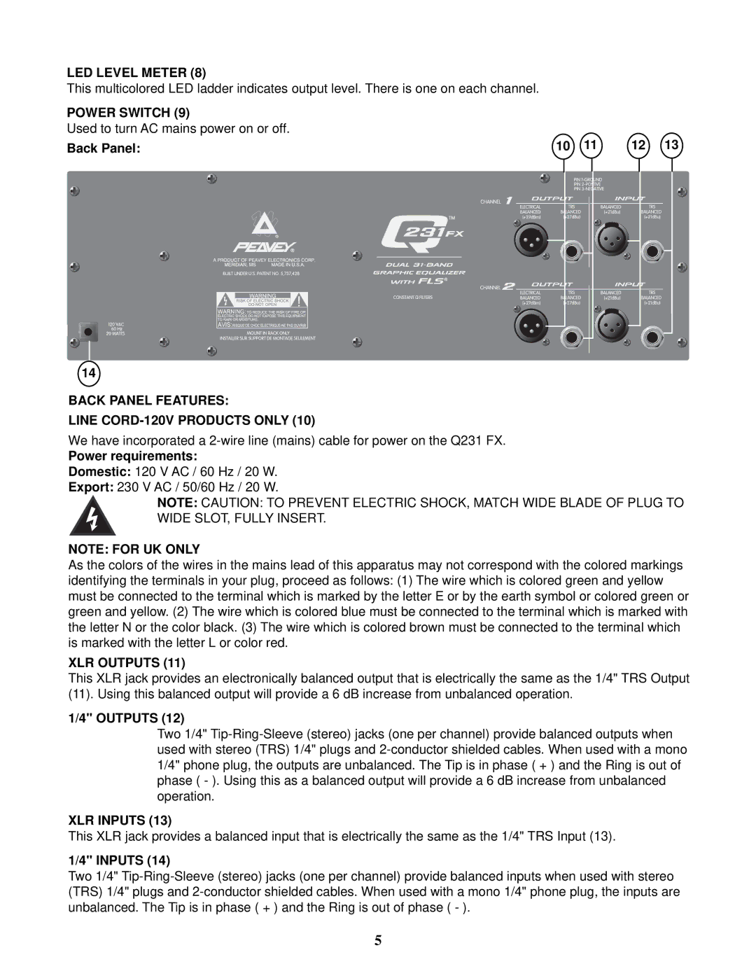 Peavey Q 231F Dual LED Level Meter, Power Switch, Back Panel Features Line CORD-120V Products only, XLR Outputs 