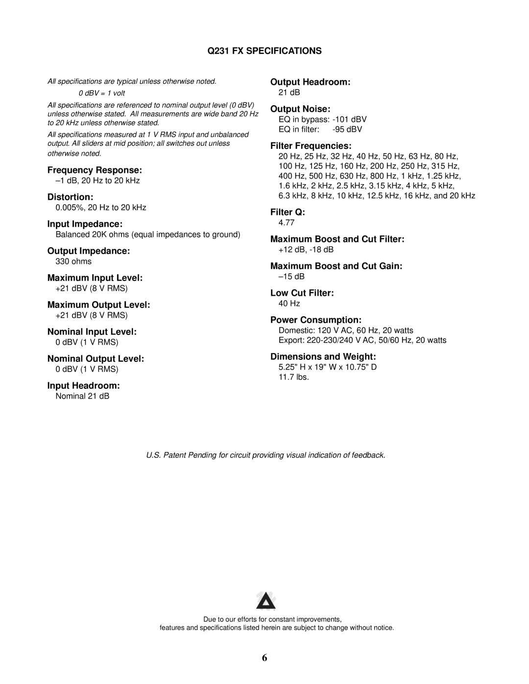 Peavey Q 231F Dual owner manual Q231 FX Specifications 