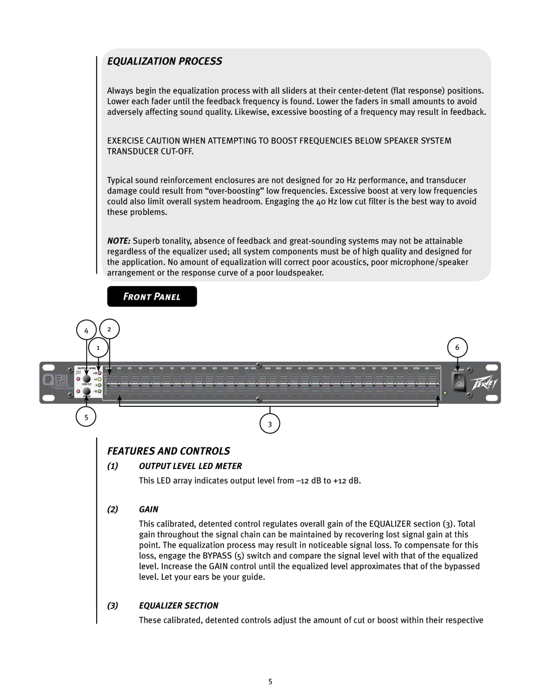 Peavey Q operation manual Output Level LED Meter, Equalizer Section 