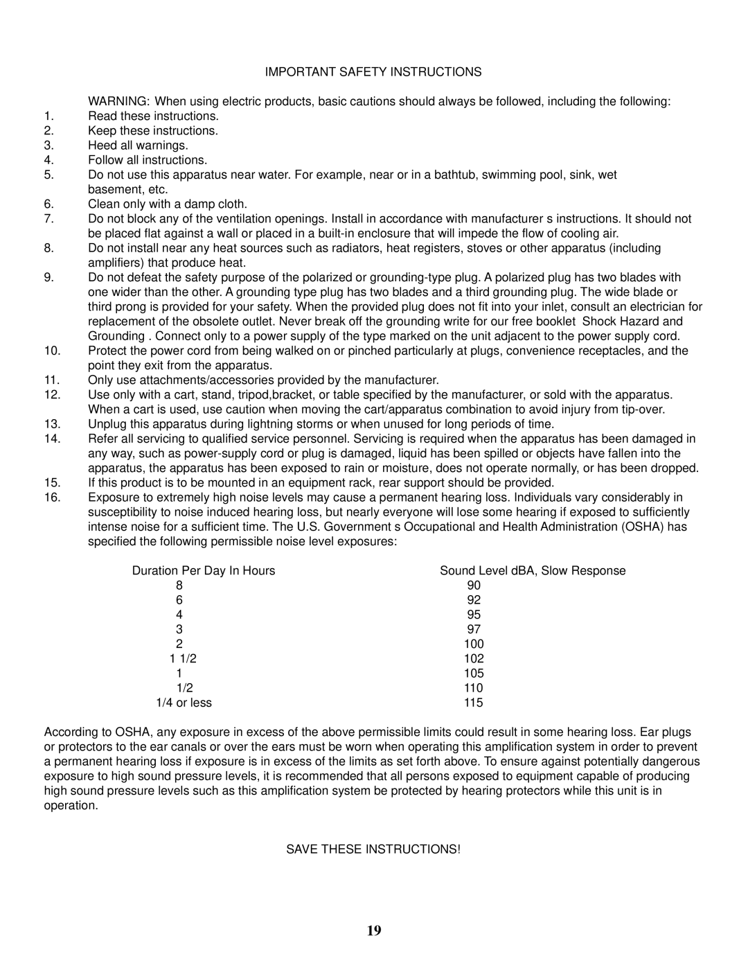 Peavey Q431FX owner manual Important Safety Instructions 