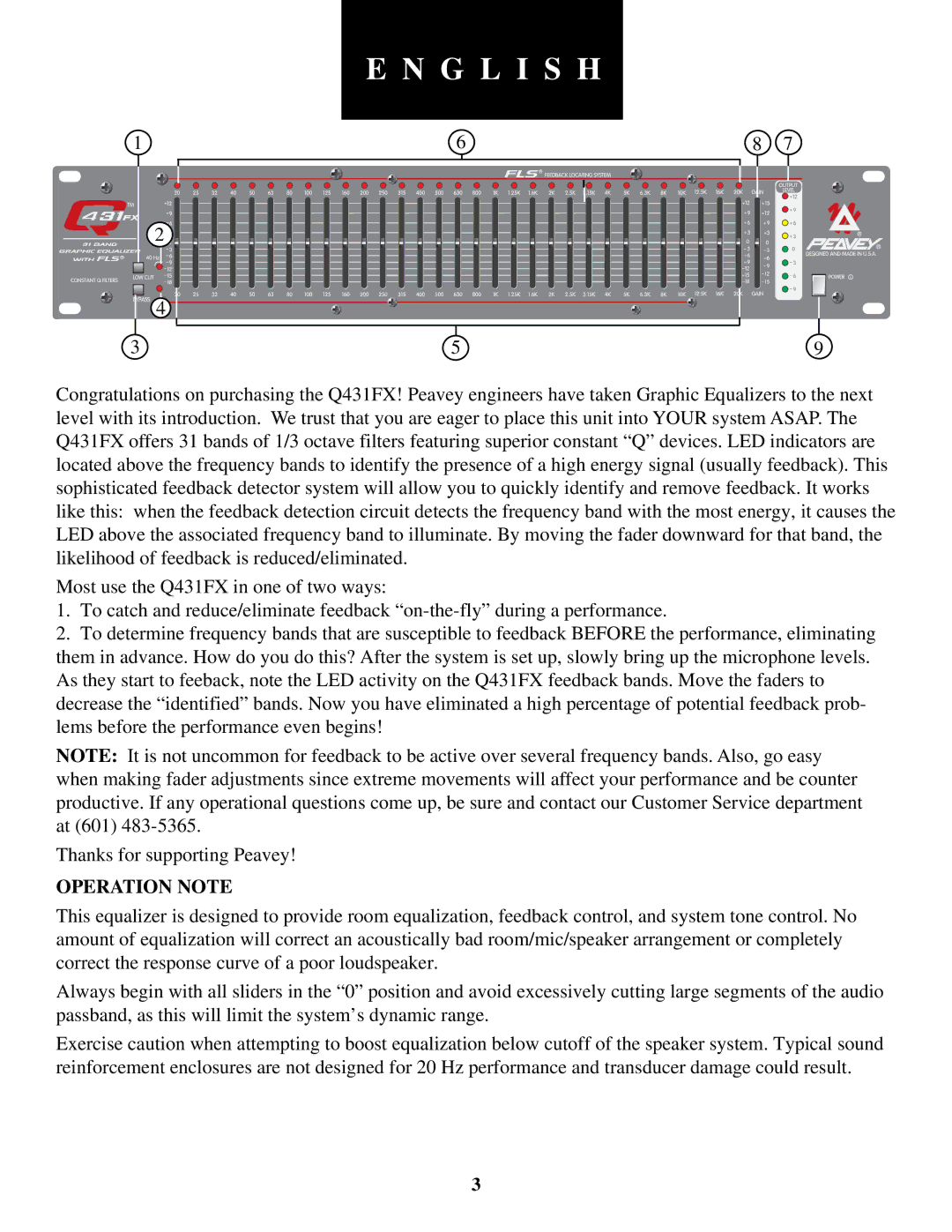 Peavey Q431FX owner manual G L I S H, Operation Note 