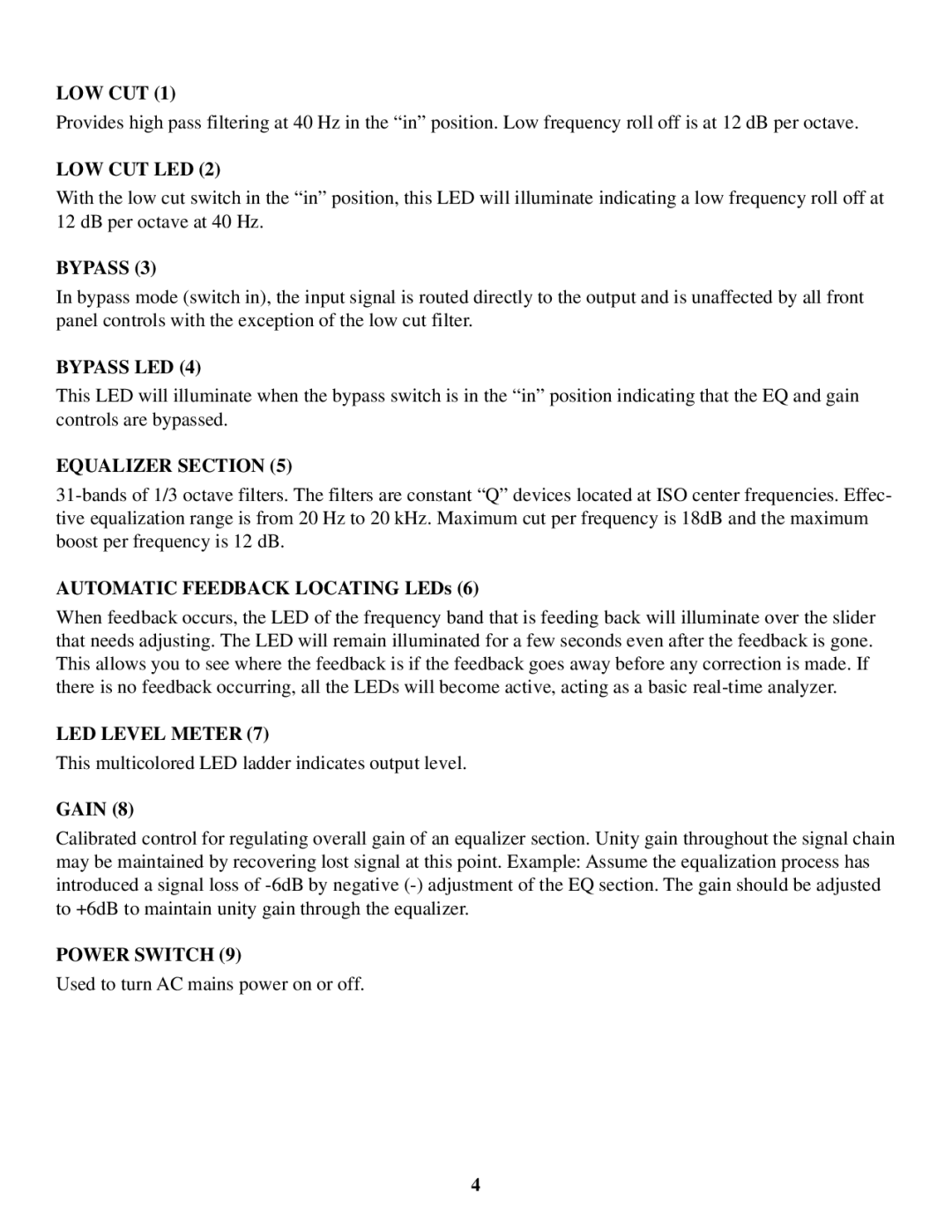 Peavey Q431FX owner manual Low Cut Led, Bypass LED, Equalizer Section, LED Level Meter, Power Switch 