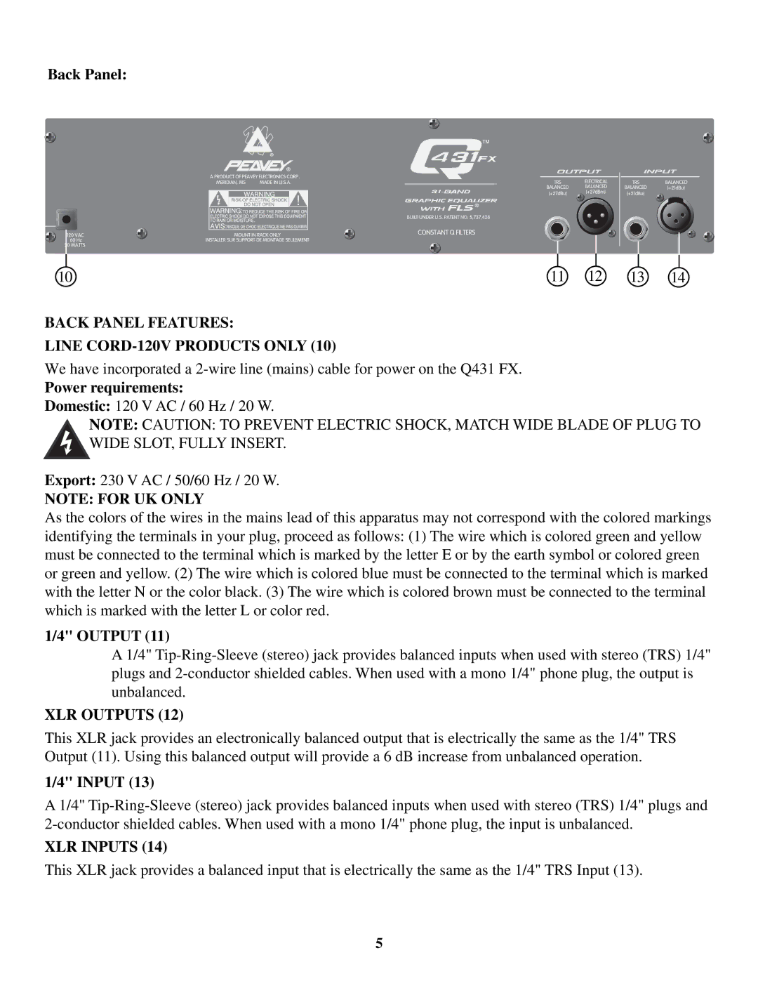 Peavey Q431FX owner manual Back Panel Features Line CORD-120V Products only, XLR Outputs, XLR Inputs 