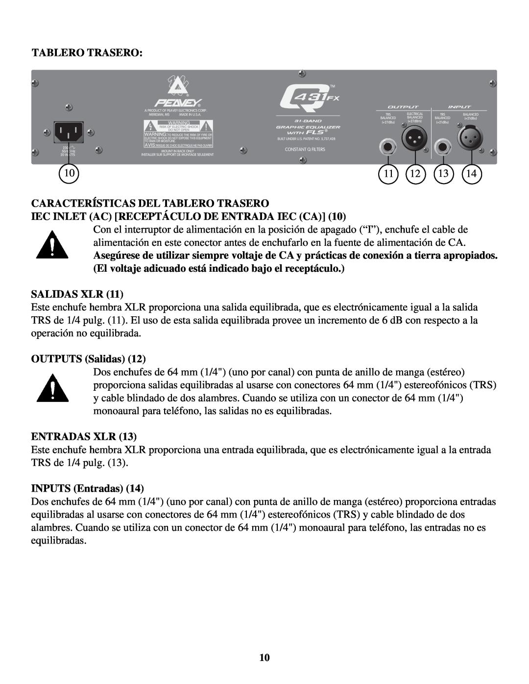Peavey Q431FX owner manual Características Del Tablero Trasero, Iec Inlet Ac Receptáculo De Entrada Iec Ca, Salidas Xlr 