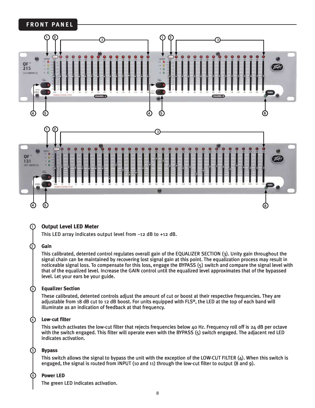 Peavey QF151, QF231 manual f r o n t pa n e l, Output Level LED Meter 