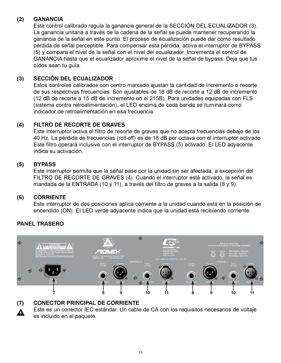 Peavey Q215B, QF215, QF131 manual Ganancia, Sección DEL Ecualizador, Filtro DE Recorte DE Graves, Corriente, Panel Trasero 