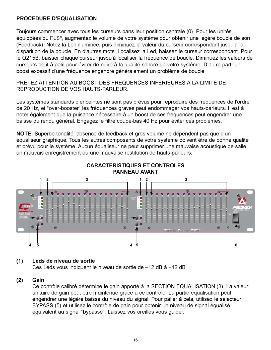 Peavey QF131, QF215, Q215B manual Procedure D’EQUALISATION, Caracteristiques ET Controles Panneau Avant 