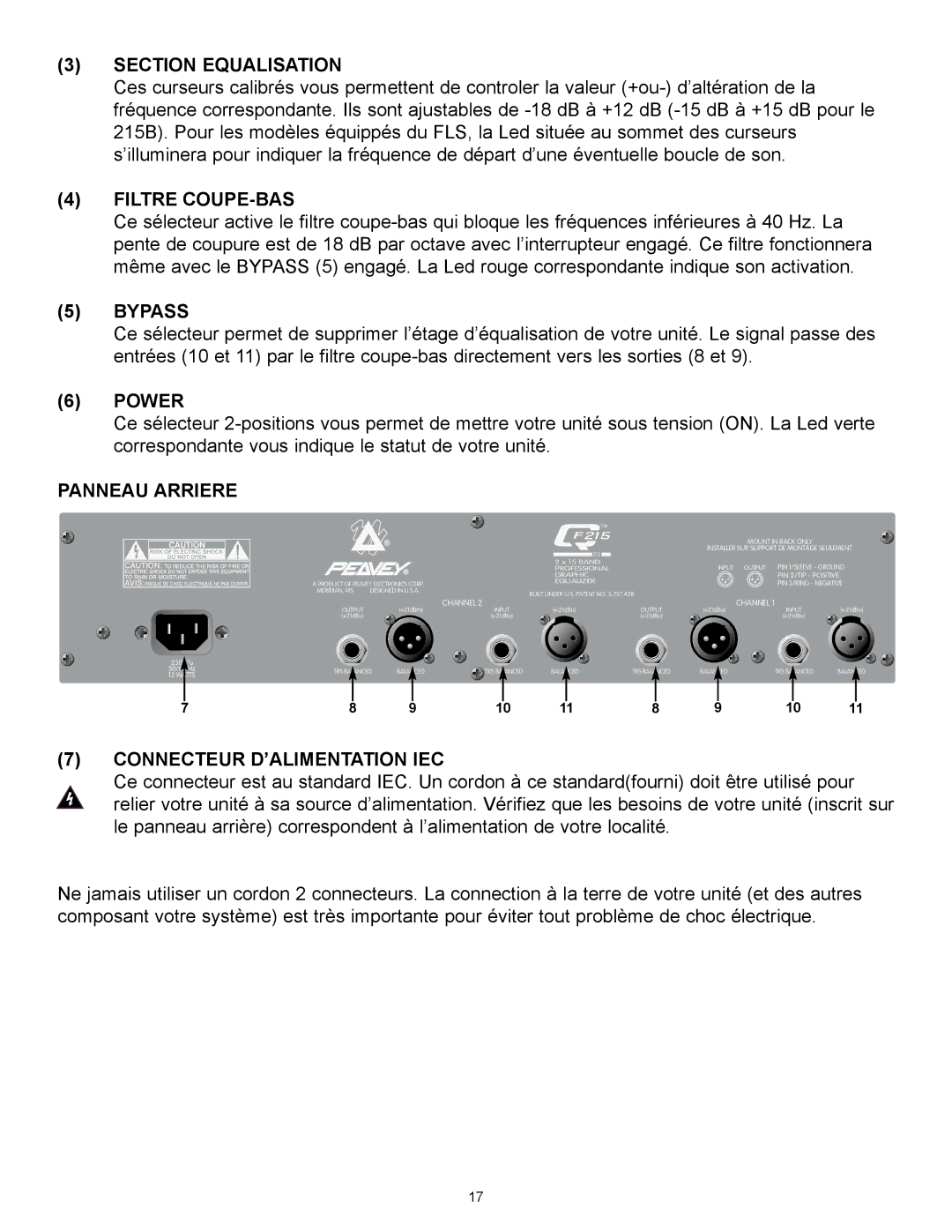 Peavey Q215B, QF215, QF131 manual Section Equalisation, Filtre COUPE-BAS, Panneau Arriere, Connecteur D’ALIMENTATION IEC 