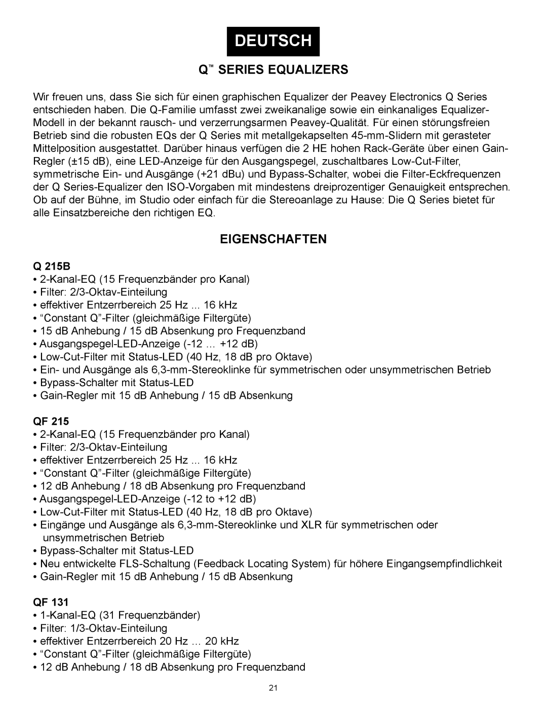 Peavey QF215, QF131, Q215B manual Deutsch, Eigenschaften 