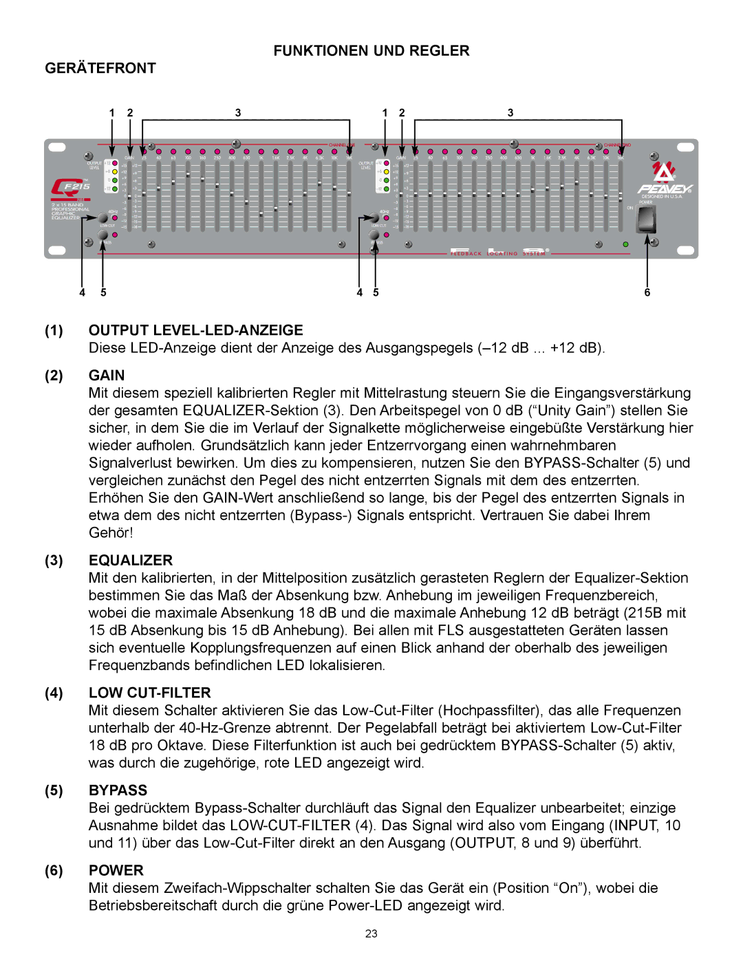 Peavey Q215B, QF215, QF131 manual Funktionen UND Regler Gerätefront Output LEVEL-LED-ANZEIGE, Equalizer, Low Cut-Filter 