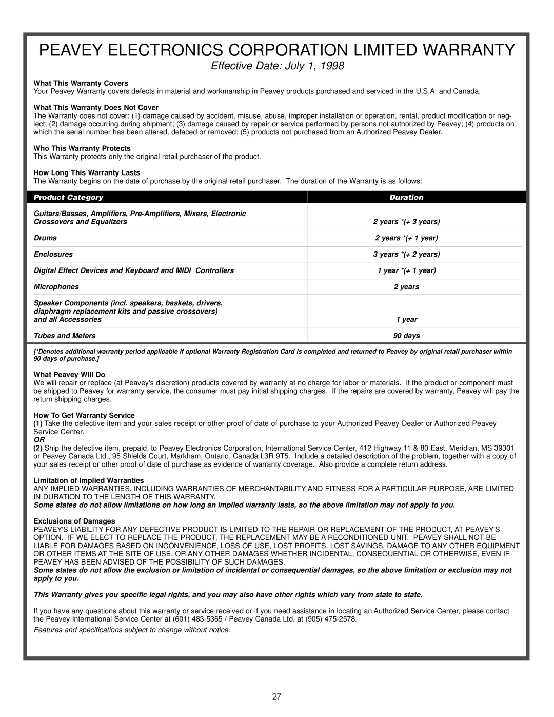 Peavey QF215, QF131, Q215B manual Peavey Electronics Corporation Limited Warranty 