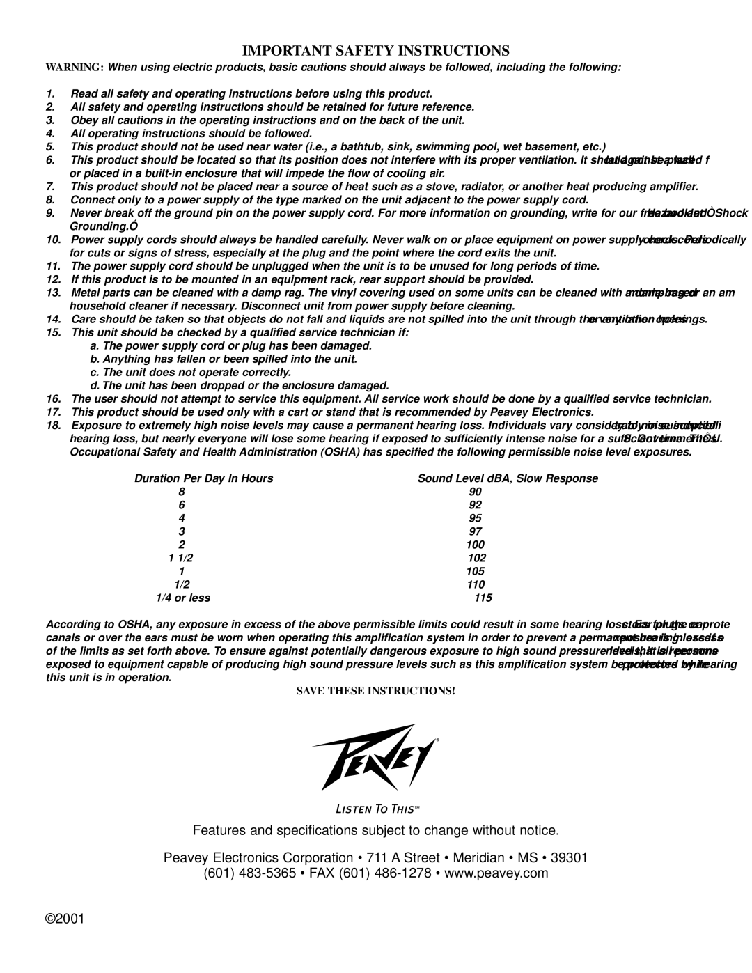 Peavey QF131, QF215, Q215B manual Important Safety Instructions 