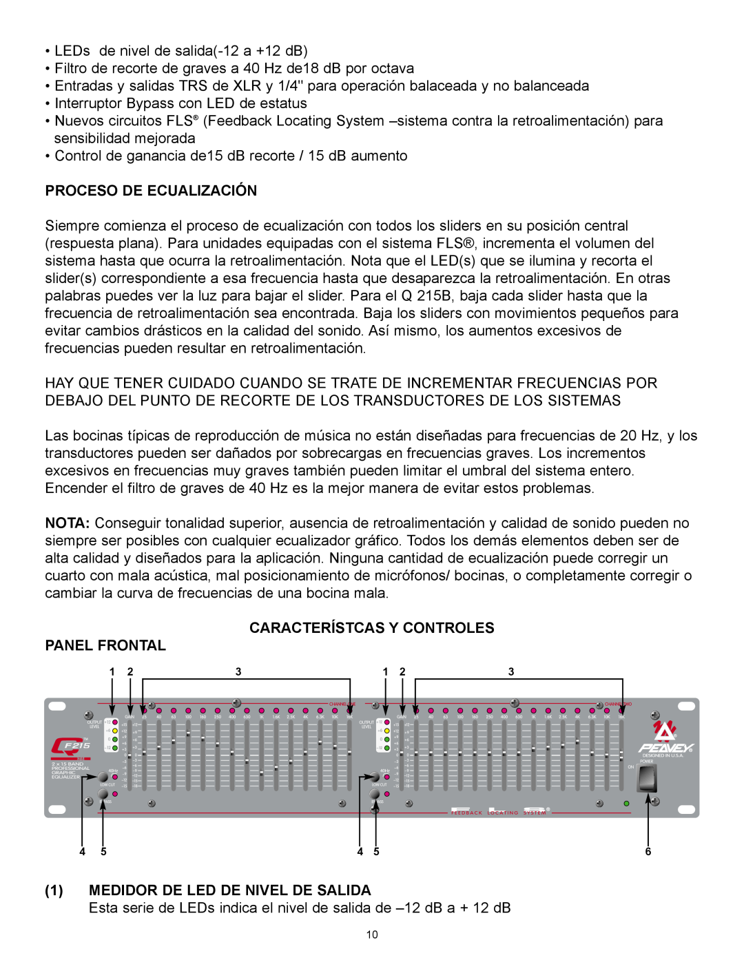 Peavey QF131, QF215 Proceso De Ecualización, Característcas Y Controles Panel Frontal, 1MEDIDOR DE LED DE NIVEL DE SALIDA 