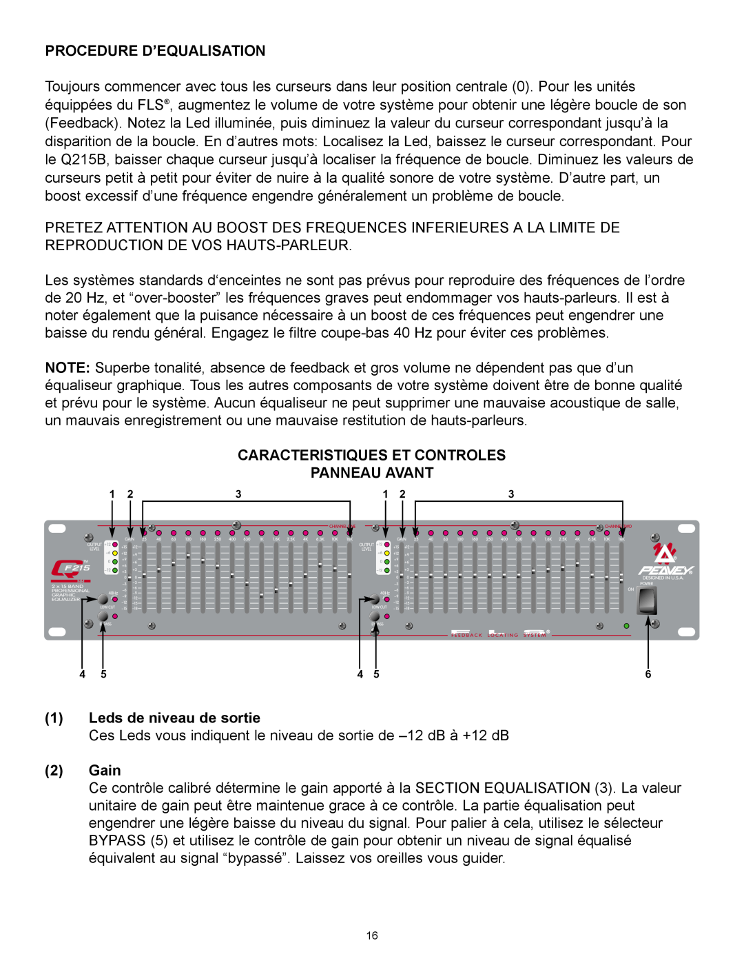 Peavey QF131 manual Procedure D’Equalisation, Caracteristiques Et Controles Panneau Avant, 1Leds de niveau de sortie, 2Gain 