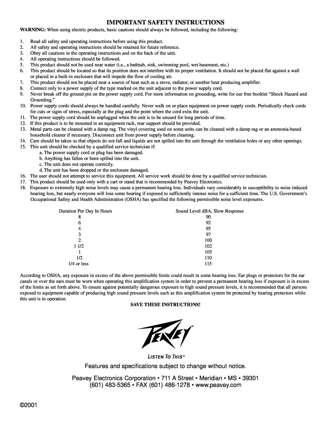Peavey QF131, QF215, Q215B manual Important Safety Instructions, 2001, Save These Instructions 