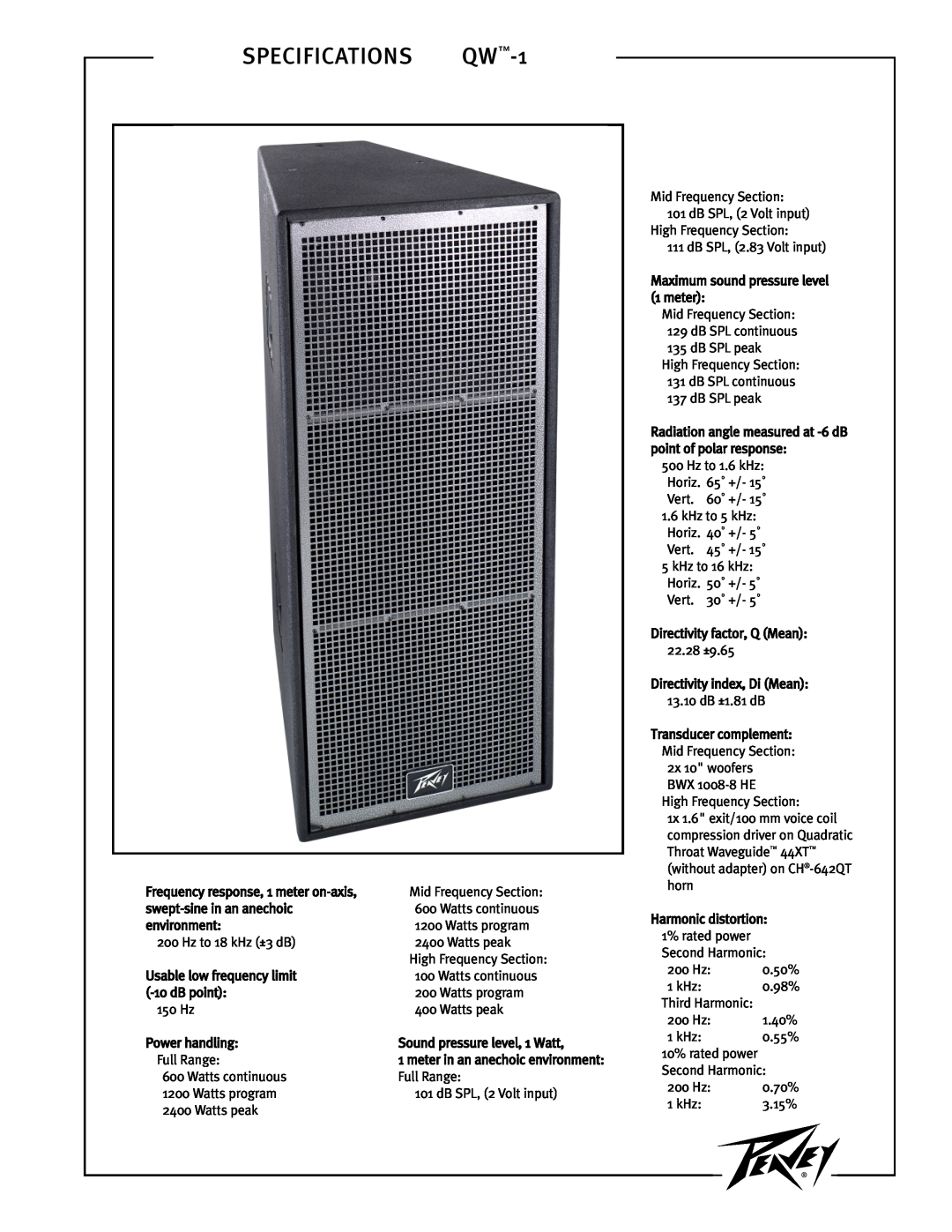 Peavey QW 1 specifications SPECIFICATIONS QW-1 