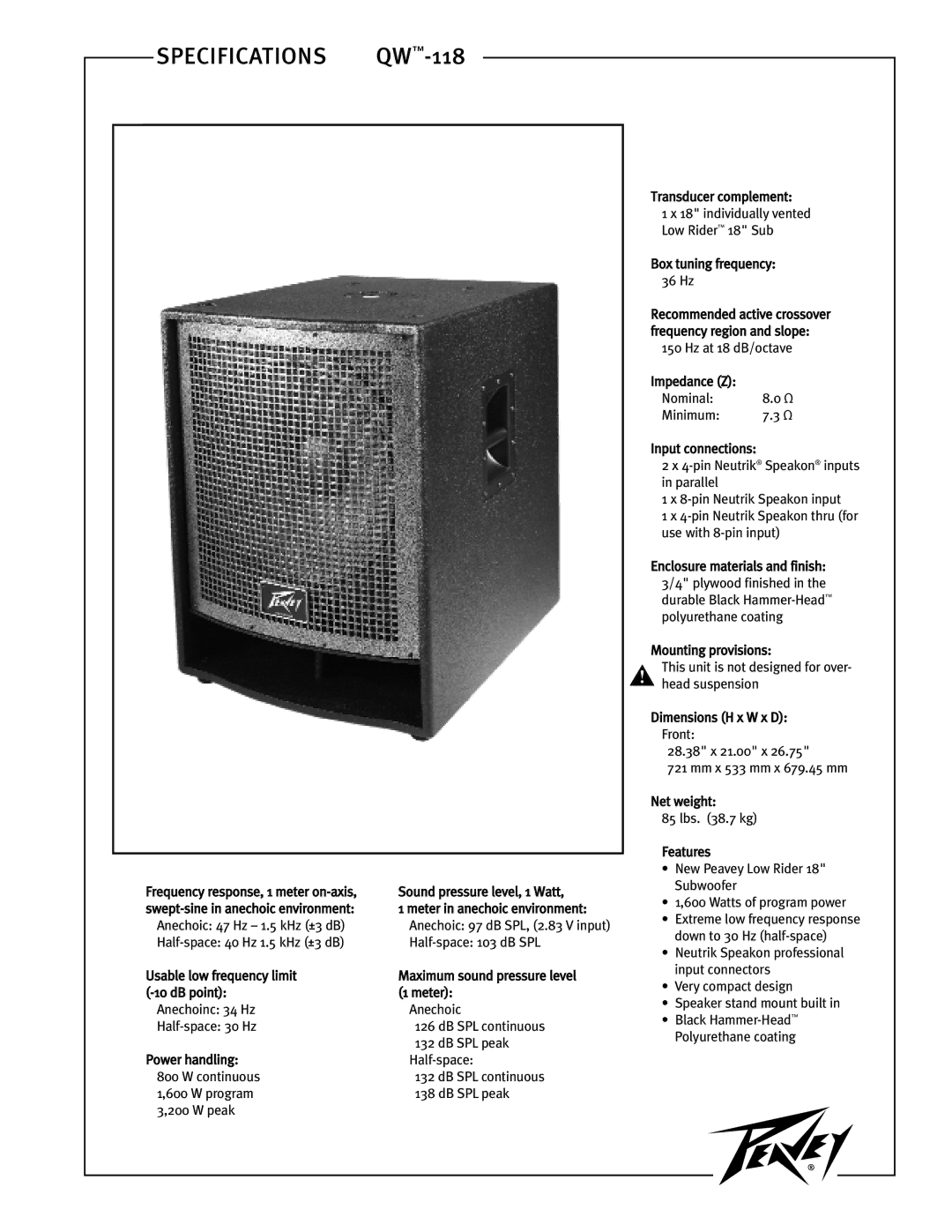 Peavey specifications Specifications QW-118 