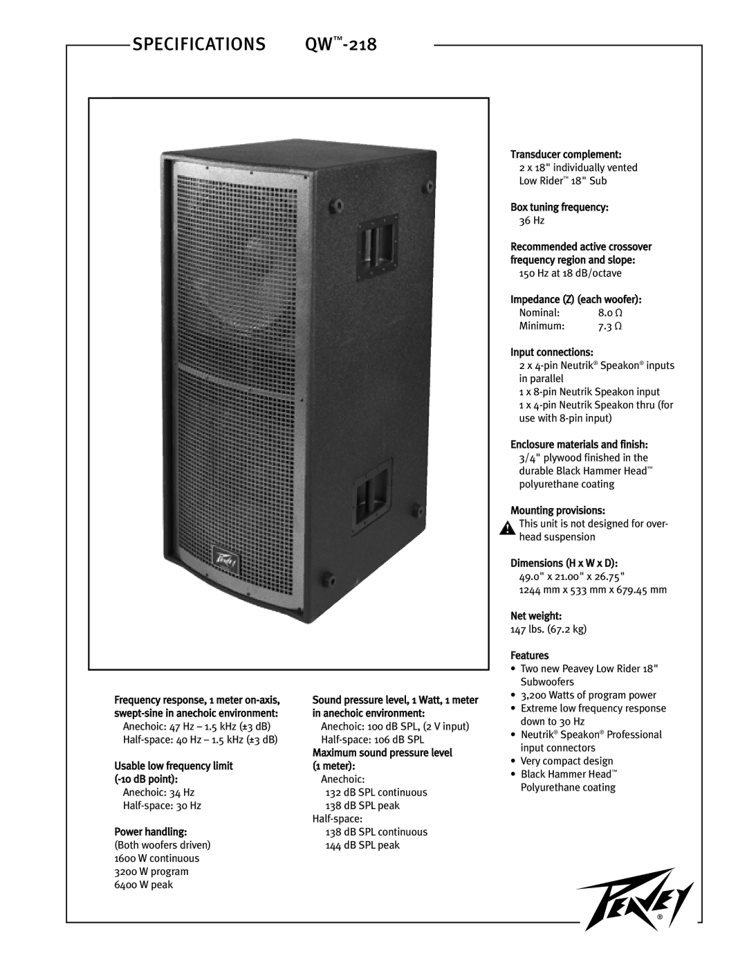 Peavey QW 218 specifications Specifications QW-218 