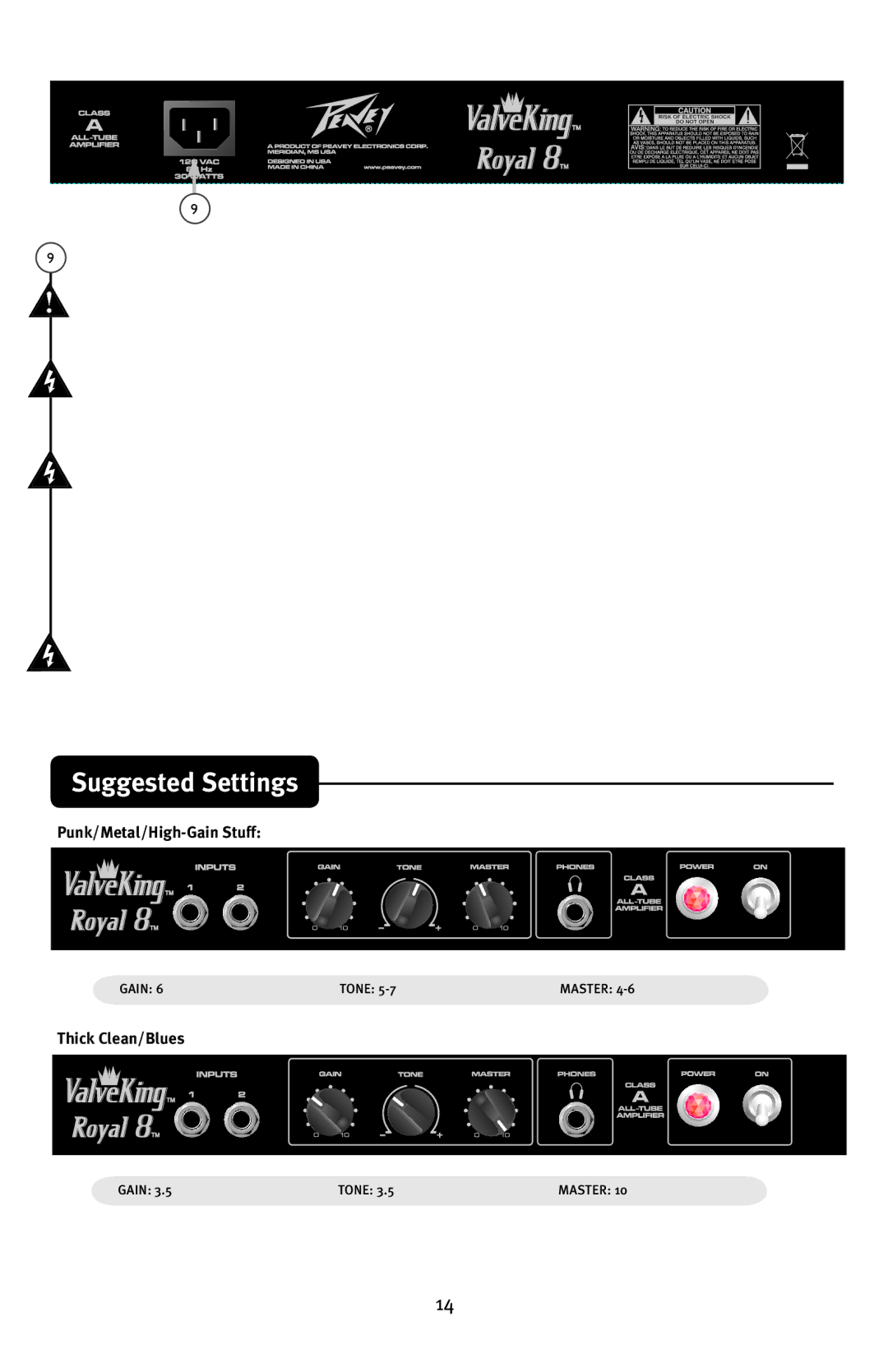 Peavey ROYAL 8 manual Suggested Settings 