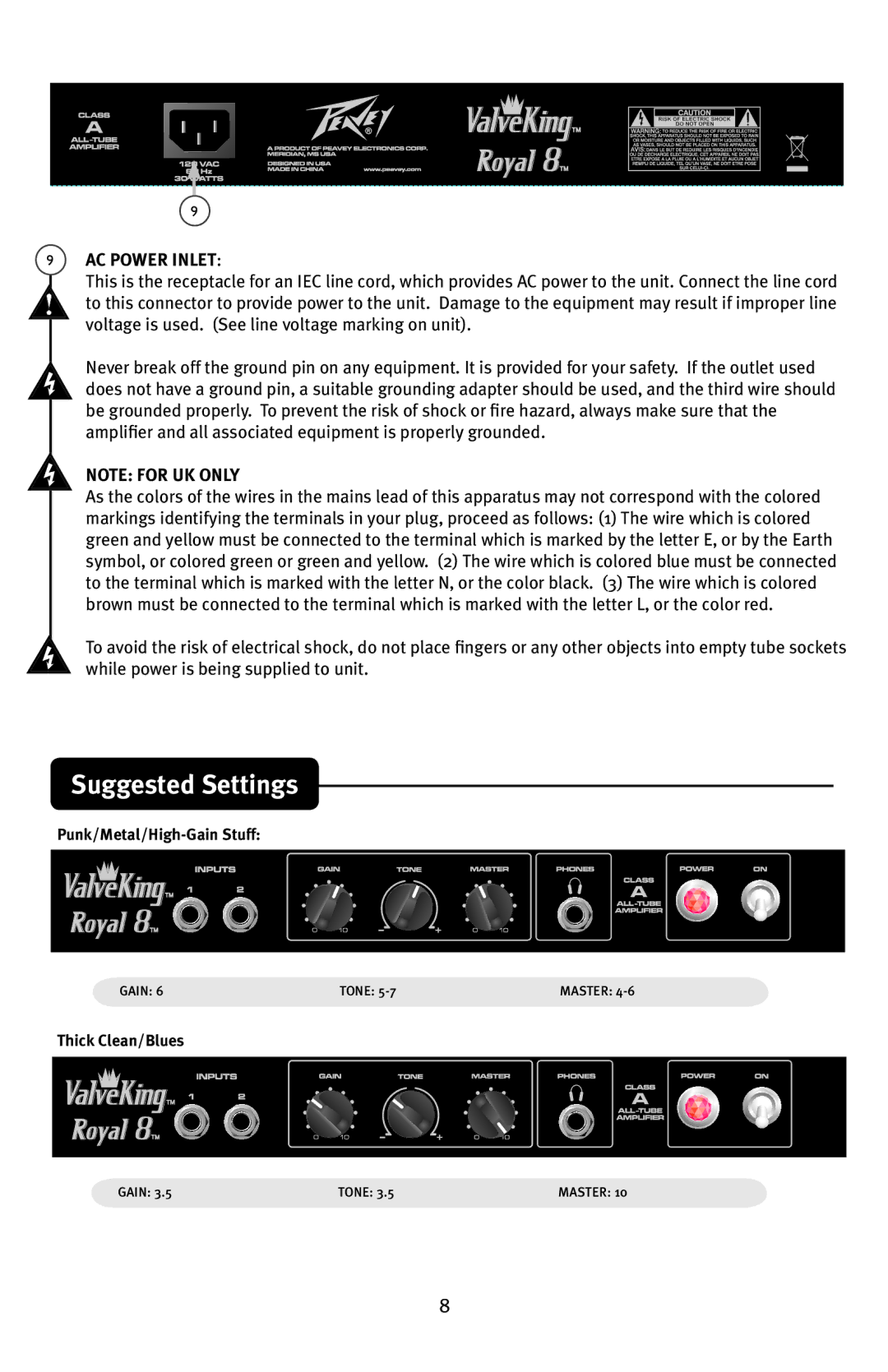 Peavey ROYAL 8 manual Suggested Settings 