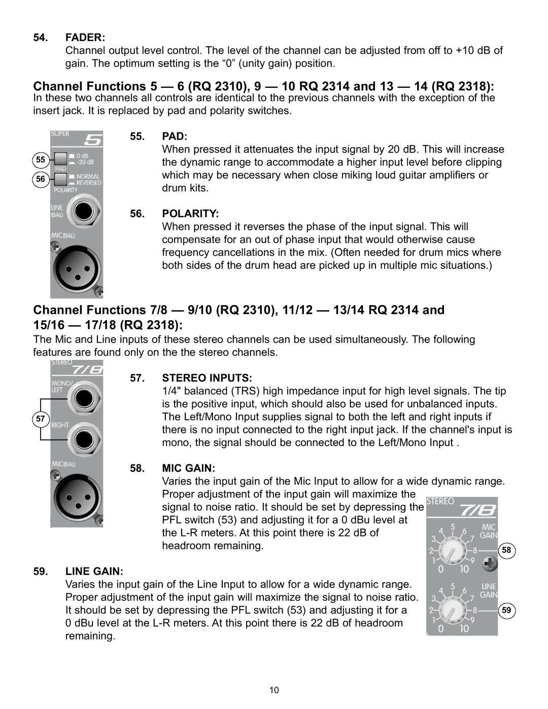 Peavey RQ 2300 Series manual Channel Functions 5 6 RQ 2310, 9 10 RQ 2314 and 13 14 RQ, Polarity, Stereo Inputs, MIC Gain 