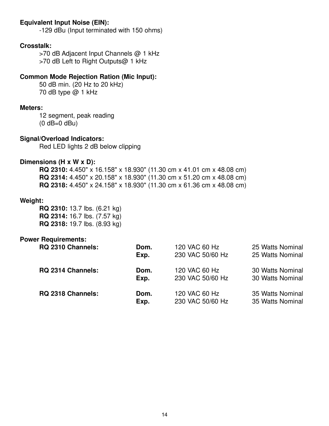 Peavey RQ 2300 Series Equivalent Input Noise EIN, Crosstalk, Meters, Signal/Overload Indicators, Dimensions H x W x D, Exp 