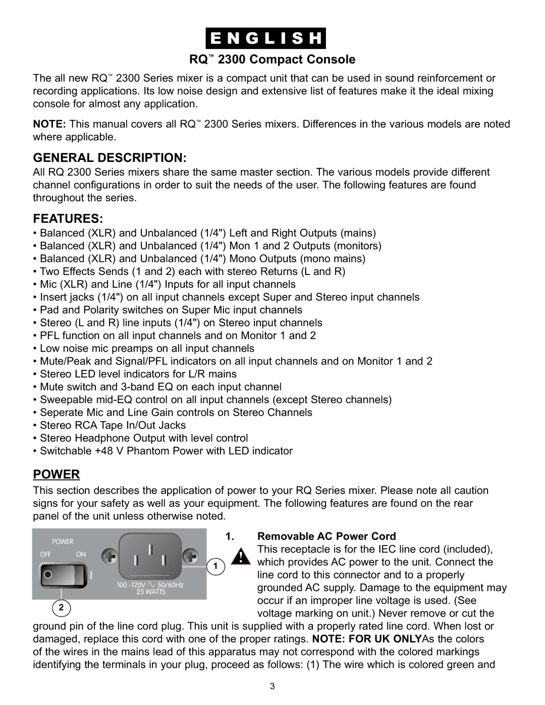 Peavey RQ 2300 Series manual RQ 2300 Compact Console, General Description, Features, Removable AC Power Cord 