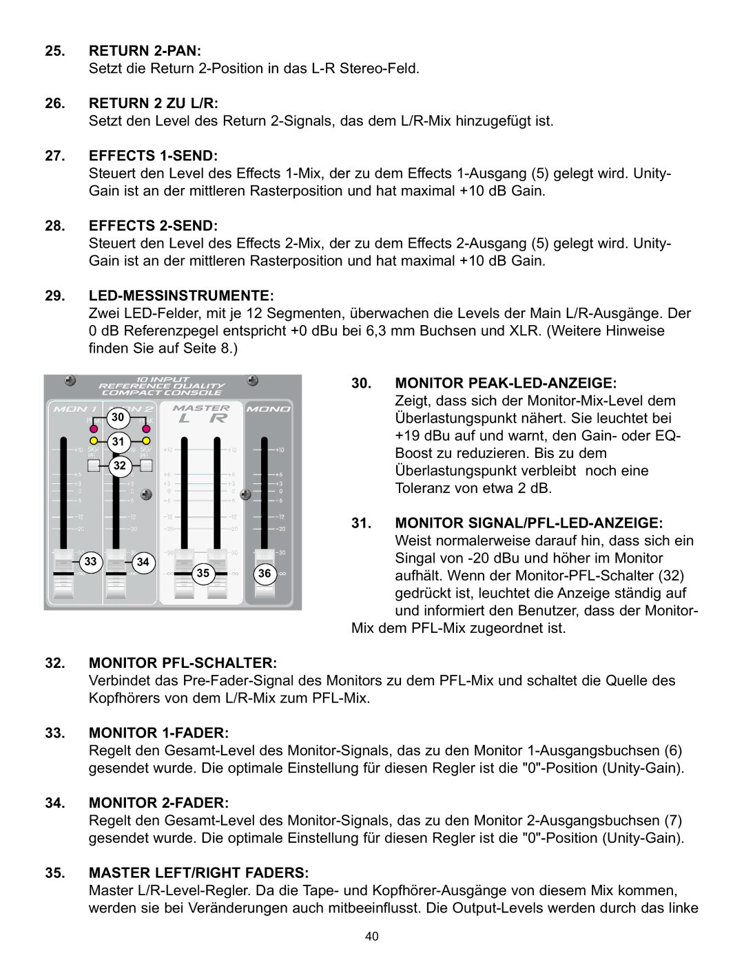 Peavey RQ 2300 Series manual Return 2-PAN, Effects 1-SEND, Effects 2-SEND, Led-Messinstrumente, Monitor PEAK-LED-ANZEIGE 