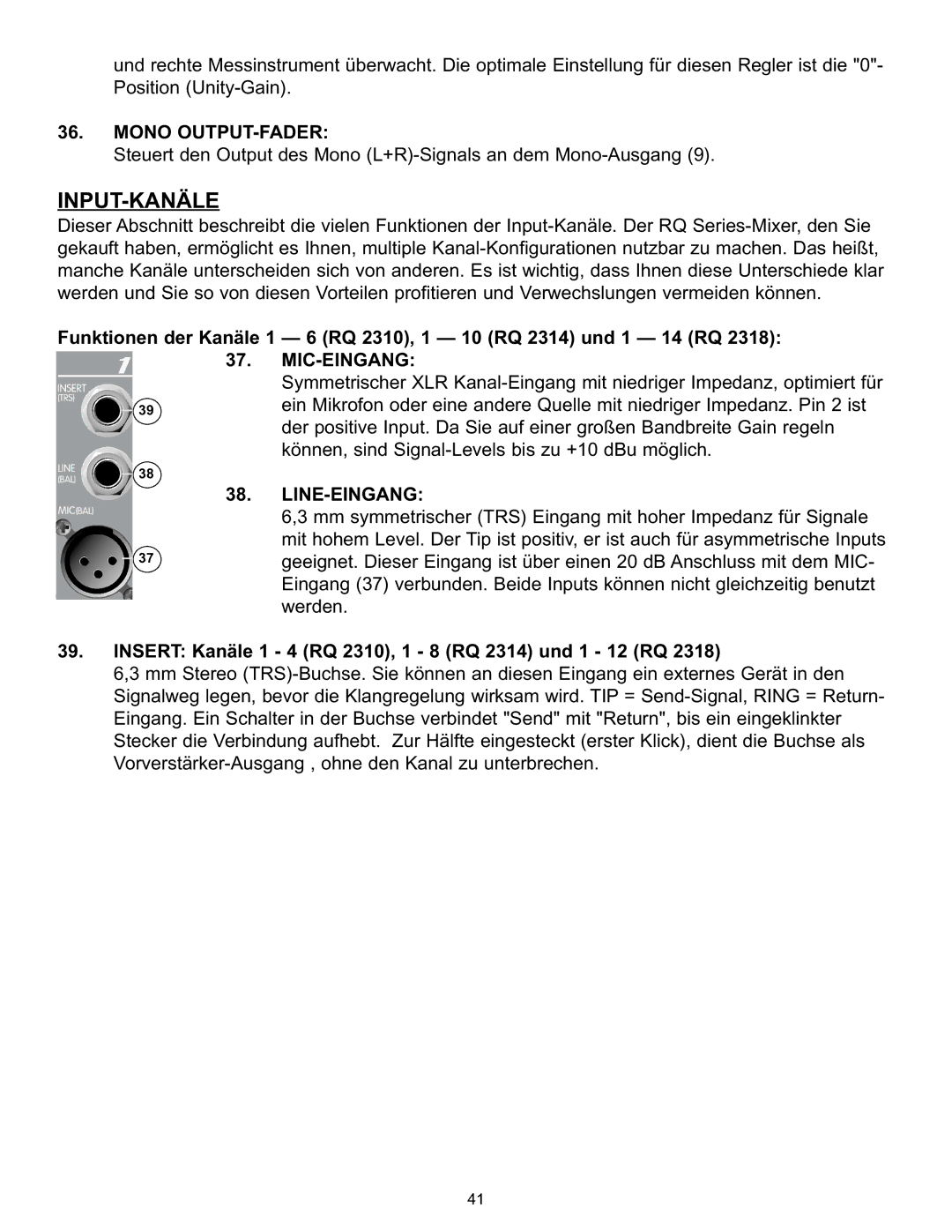 Peavey RQ 2300 Series manual Input-Kanäle, Mono OUTPUT-FADER, Mic-Eingang, Line-Eingang 