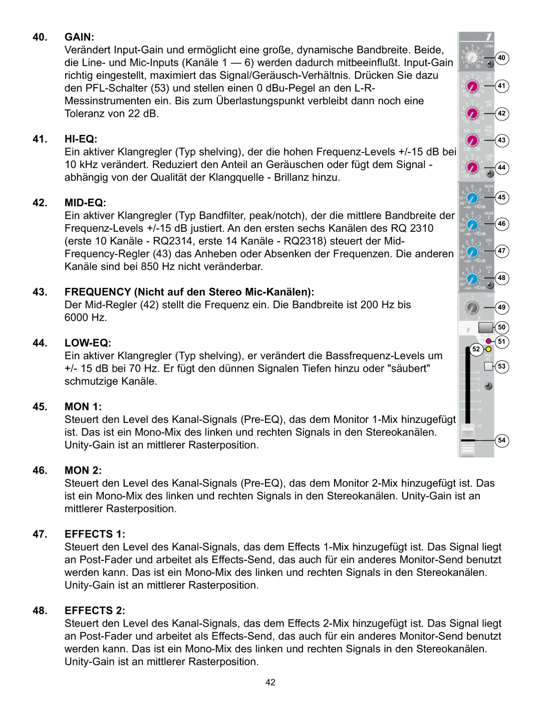 Peavey RQ 2300 Series manual Hi-Eq, Mid-Eq, Frequency Nicht auf den Stereo Mic-Kanälen, Low-Eq 